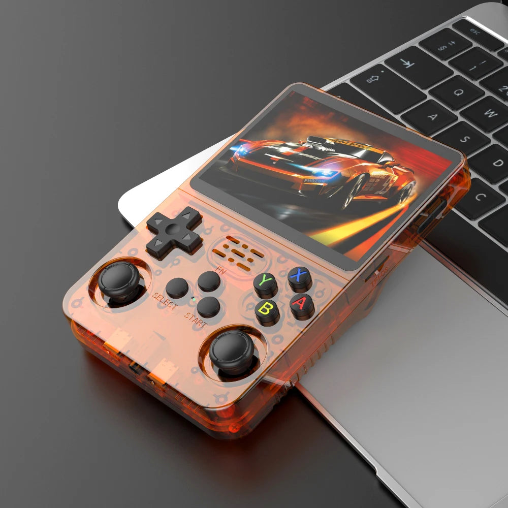 Consola de videojuegos R36S de código abierto de 128 GB, sistema Linux, pantalla IPS de 3,5 pulgadas, reproductor de vídeo portátil de bolsillo naranja, 64 GB, los mejores juegos