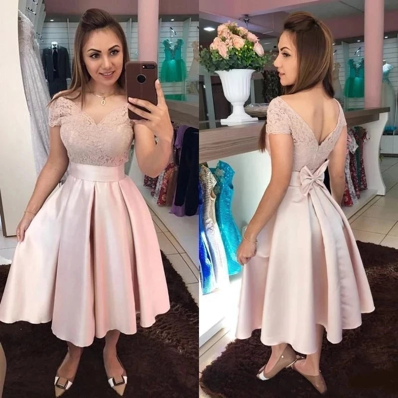 Vestido de fiesta rosa Angelsbridep de satén elegante con escote en A, mangas cortas, apliques de encaje y espalda descubierta, con lazo, largo hasta la rodilla