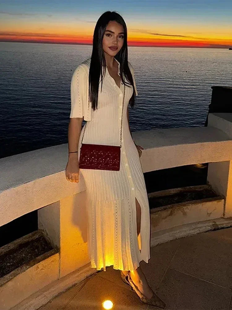 Vestido largo elegante de punto con patchwork para mujer, elegante vestido largo de manga corta con aberturas y canalé, cuello redondo, cintura alta, tejido de punto para mujer