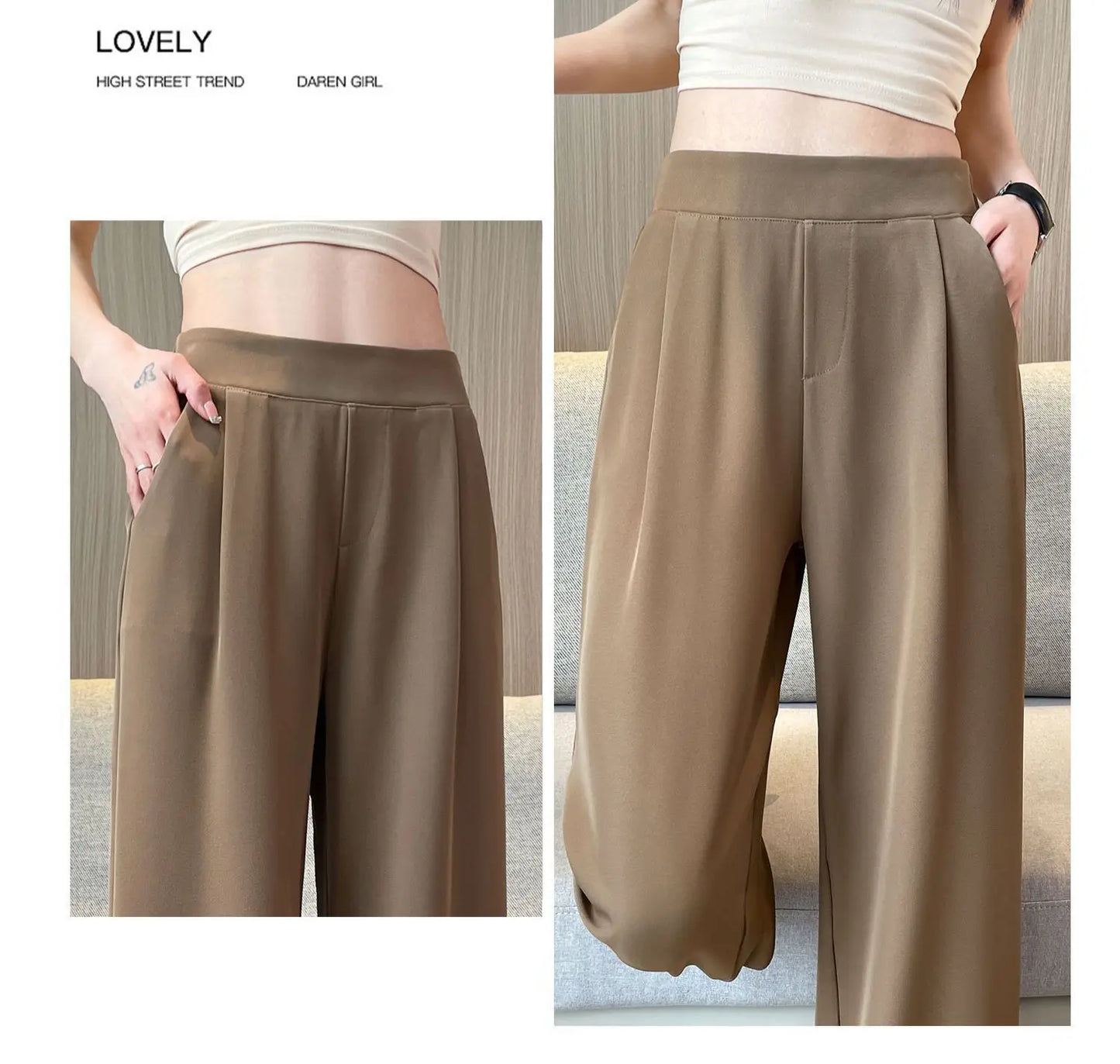 Pantalones casuales para mujer, traje negro con colgante de alto sentido, pierna ancha, cintura alta, pierna recta, pantalones sueltos para mujer