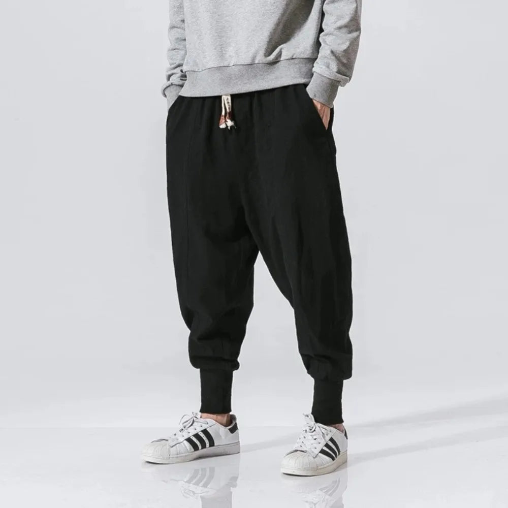 Pantalones harén de lino y algodón para hombre, ropa de calle, pantalones de chándal holgados con entrepierna baja, pantalones casuales para hombre