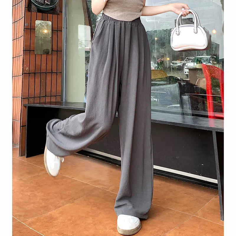 Pantalones de seda helada de colores dulces para mujer, holgados, versátiles, elásticos, de pierna recta, de cintura alta y pierna ancha, para verano
