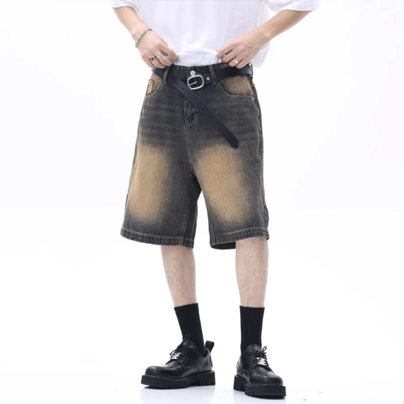 Pantalones cortos casuales de marca de diseñador para hombre, pantalones cortos vaqueros holgados hasta la rodilla, moda de verano, pantalones vaqueros cortos de pierna ancha para uso diario.