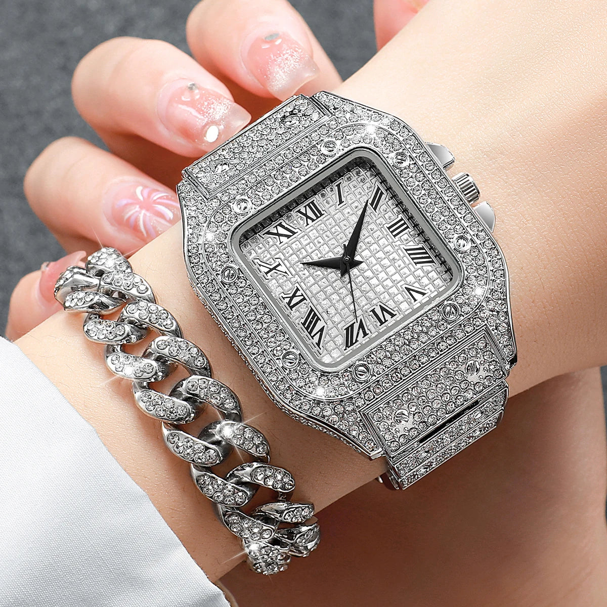 2PCS/Set Unisex Watch Fashion Diamond Men Watches Silver Stainless Steel Band Women's Quartz Watch Bracelet Set