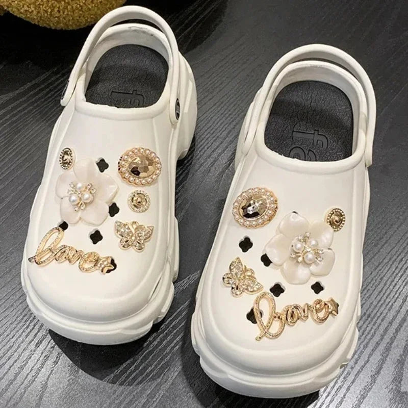 Sandalias de playa para exteriores con plataforma de 7 cm y diseño de oso con perlas brillantes y diamantes, zapatos de verano para niñas y mujeres.