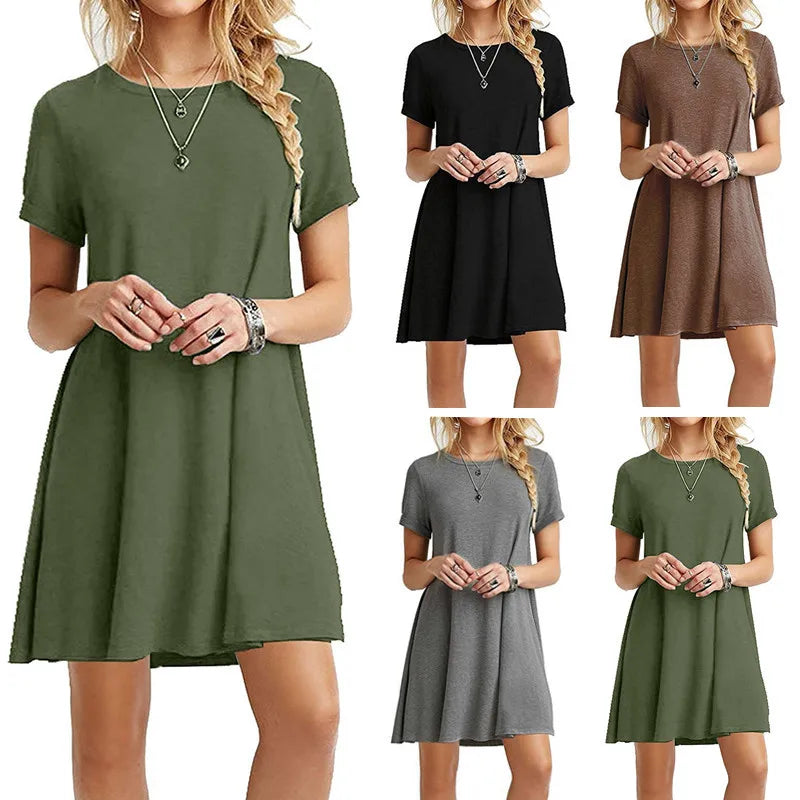 Vestido informal de manga corta para mujer, estilo vintage, con cuello redondo, estampado, holgado, minivestido elegante y sencillo, estilo urbano, vestido de verano