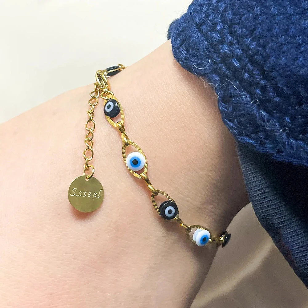 May@RZ Turkish Evil's Eye Fashion Stainless Steel Bracelet For Men And Women 14K Gold Plated Classy Jewelry Daily Wear Bracelet