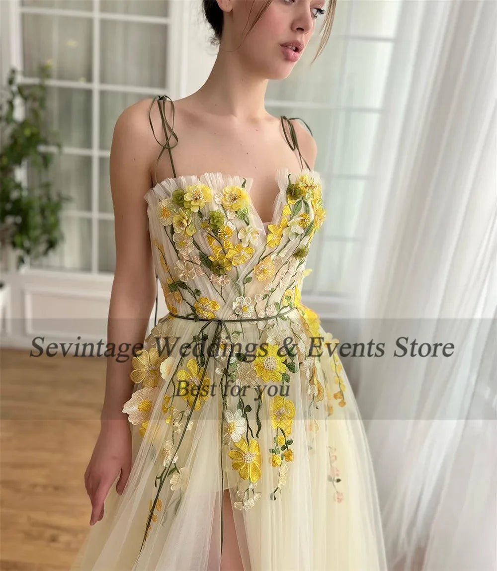 Vestido de fiesta de tul amarillo de hadas personalizado Sevintage, corte A, tirantes finos, escote corazón, flores 3D, vestidos de bienvenida