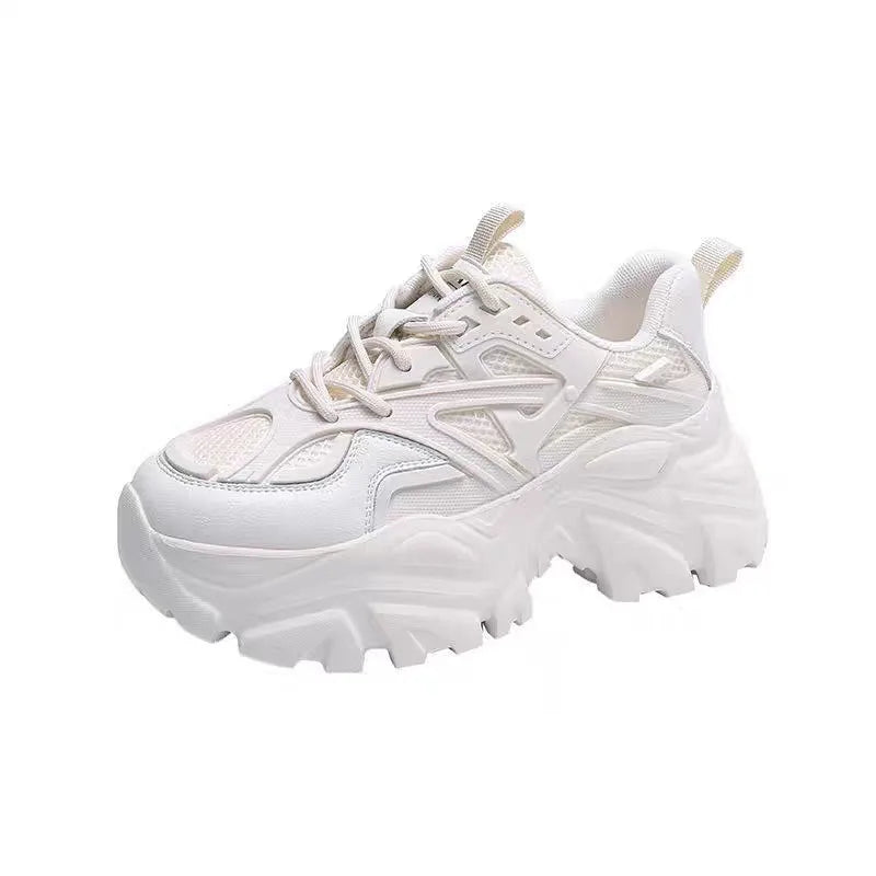 Zapatos deportivos de plataforma a la moda para mujer, zapatillas gruesas informales negras de verano, zapatos de plataforma de cuero y malla para mujer 2024