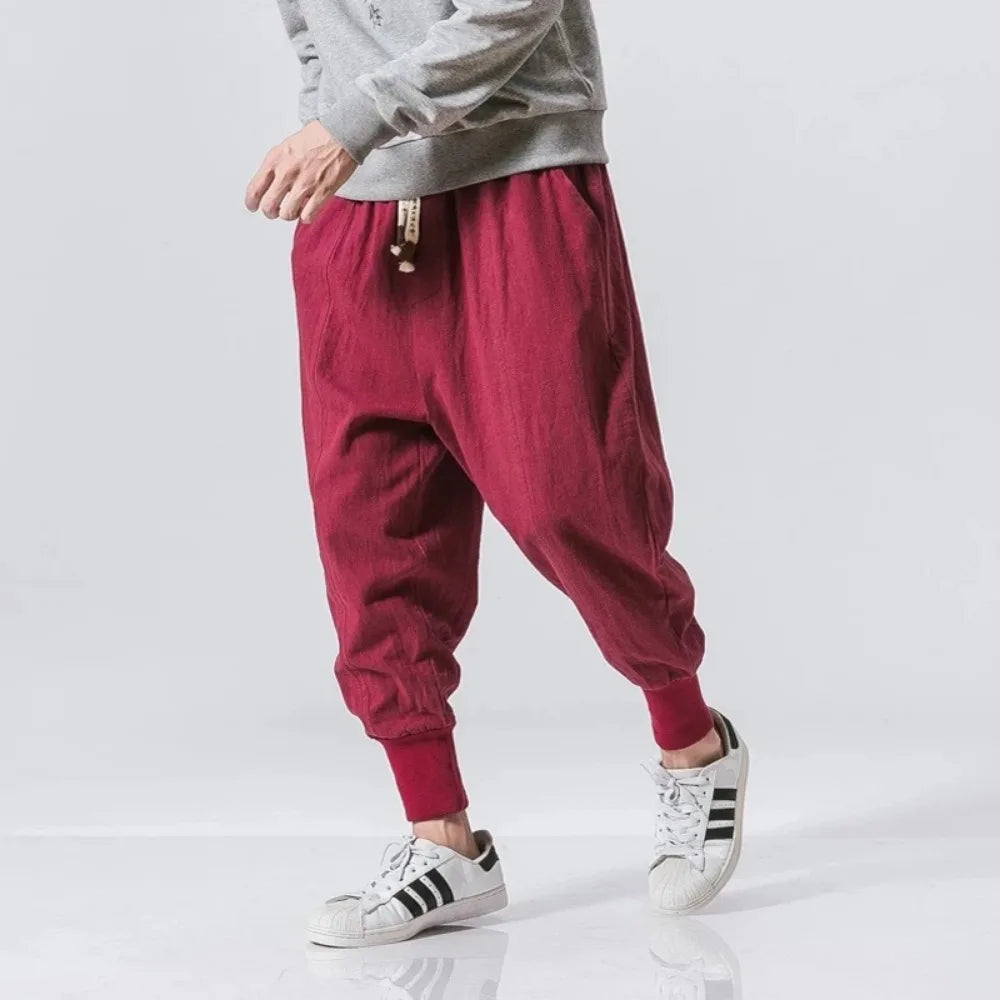 Pantalones harén de lino y algodón para hombre, ropa de calle, pantalones de chándal holgados con entrepierna baja, pantalones casuales para hombre