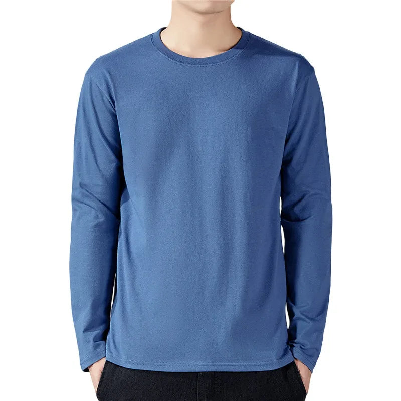 Camiseta de algodón de manga larga para hombre, color liso, manga larga, para primavera y otoño.