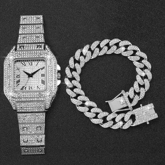 2PCS/Set Unisex Watch Fashion Diamond Men Watches Silver Stainless Steel Band Women's Quartz Watch Bracelet Set