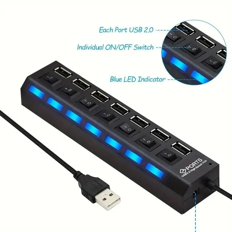 Adaptador HUB USB 2.0 de alta velocidad de 4/7 puertos, expansor, divisor USB múltiple, extensor múltiple con interruptor de lámpara LED para PC y portátil.