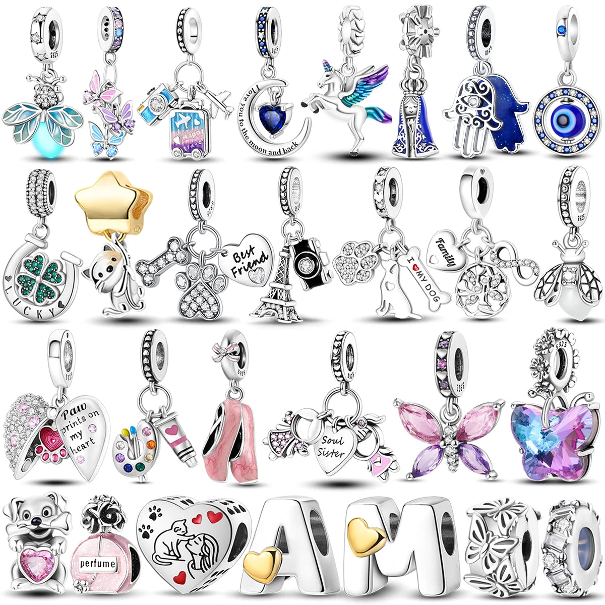 2025 Hot Sale Charms Bead 925 Sterling Silver Pink Butterfly Luminous Firefly Dangle Fit Bangle Bracelet Necklace DIY Jewelry