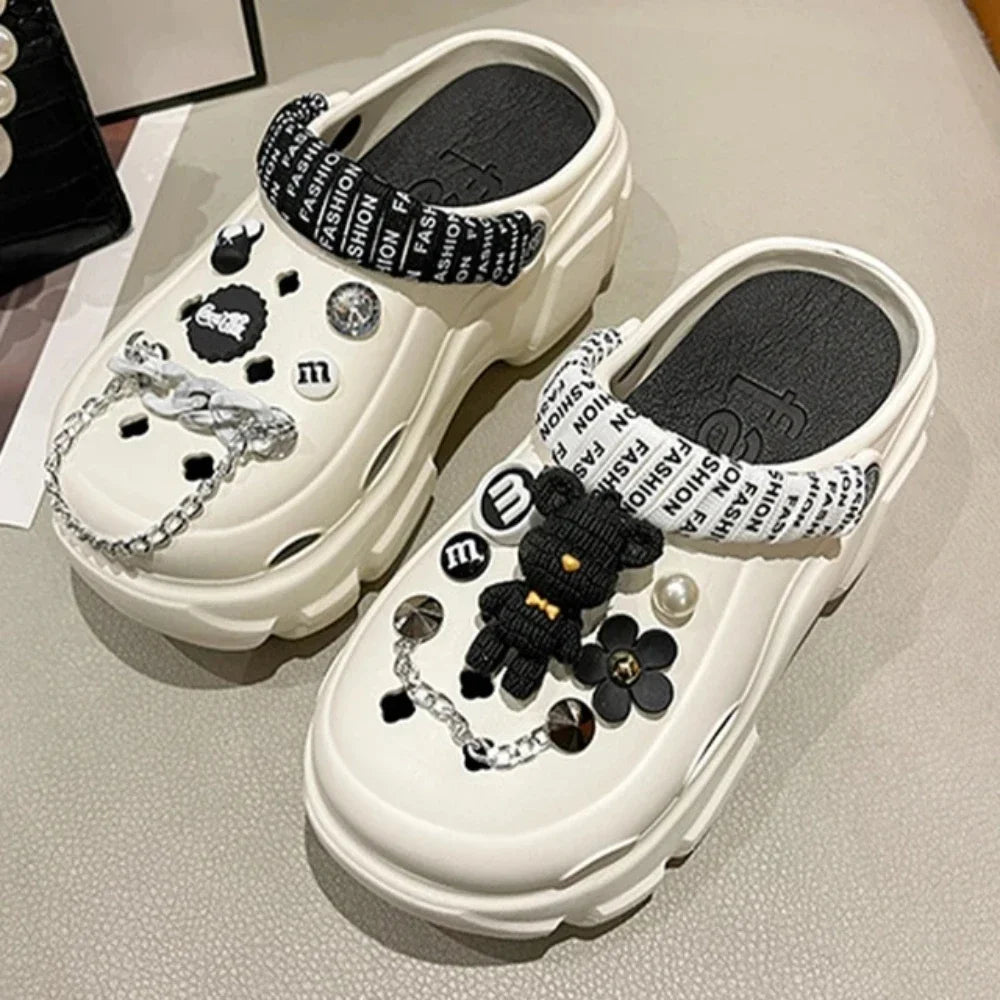 Sandalias de playa para exteriores con plataforma de 7 cm y diseño de oso con perlas brillantes y diamantes, zapatos de verano para niñas y mujeres.