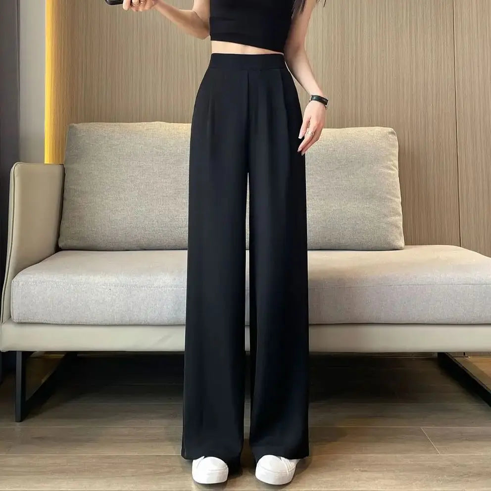Pantalones casuales para mujer, traje negro con colgante de alto sentido, pierna ancha, cintura alta, pierna recta, pantalones sueltos para mujer