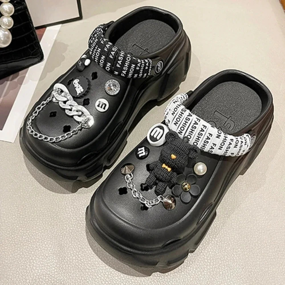 Sandalias de playa para exteriores con plataforma de 7 cm y diseño de oso con perlas brillantes y diamantes, zapatos de verano para niñas y mujeres.