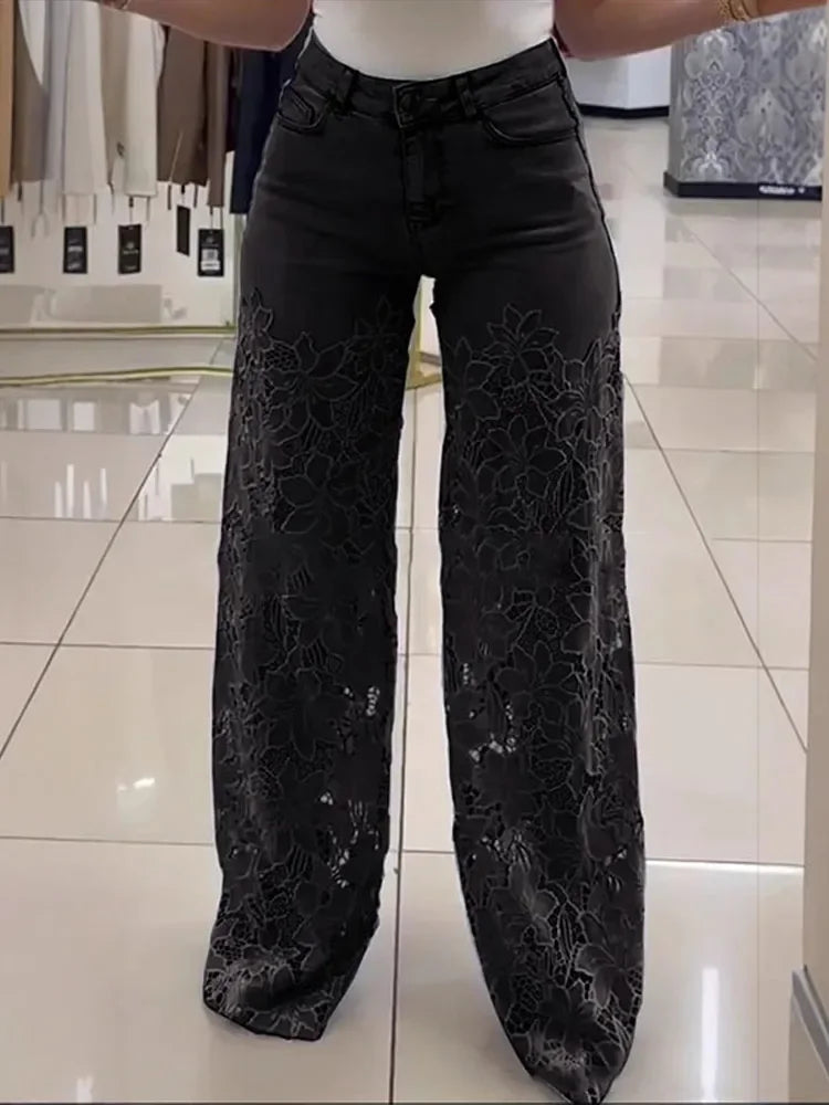 Pantalones vaqueros elásticos de talla grande para mujer con encaje recortado, pantalones anchos de cintura alta, elegantes y chic para verano.