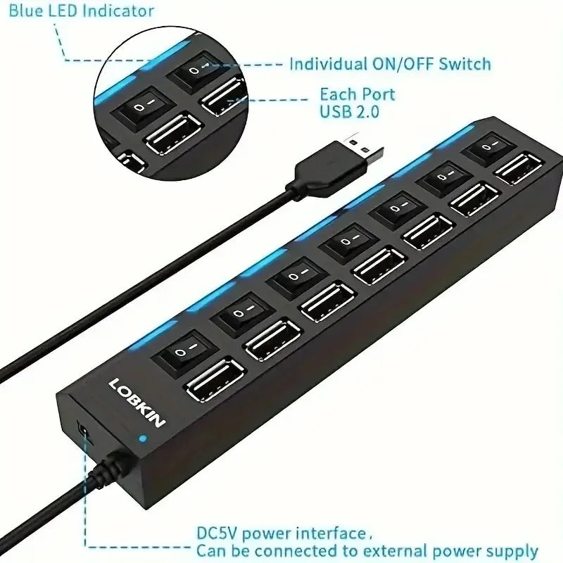 Adaptador HUB USB 2.0 de alta velocidad de 4/7 puertos, expansor, divisor USB múltiple, extensor múltiple con interruptor de lámpara LED para PC y portátil.