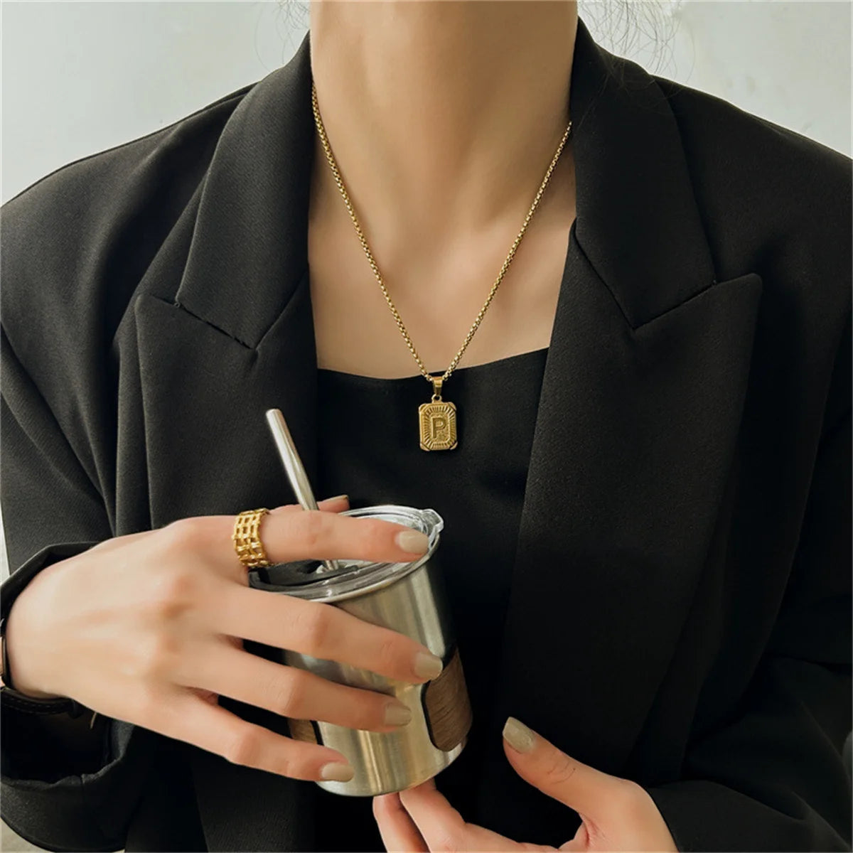 Initials Pendant Letter Necklace For Women Men Gold Color Silver Color Square Alphabet Charm Box Link Chain Couple Pendant