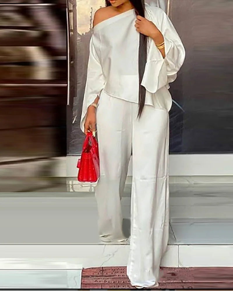 Conjunto de dos piezas de pantalones anchos para mujer, camisa y pantalón con hombros descubiertos, traje informal holgado liso para otoño e invierno.