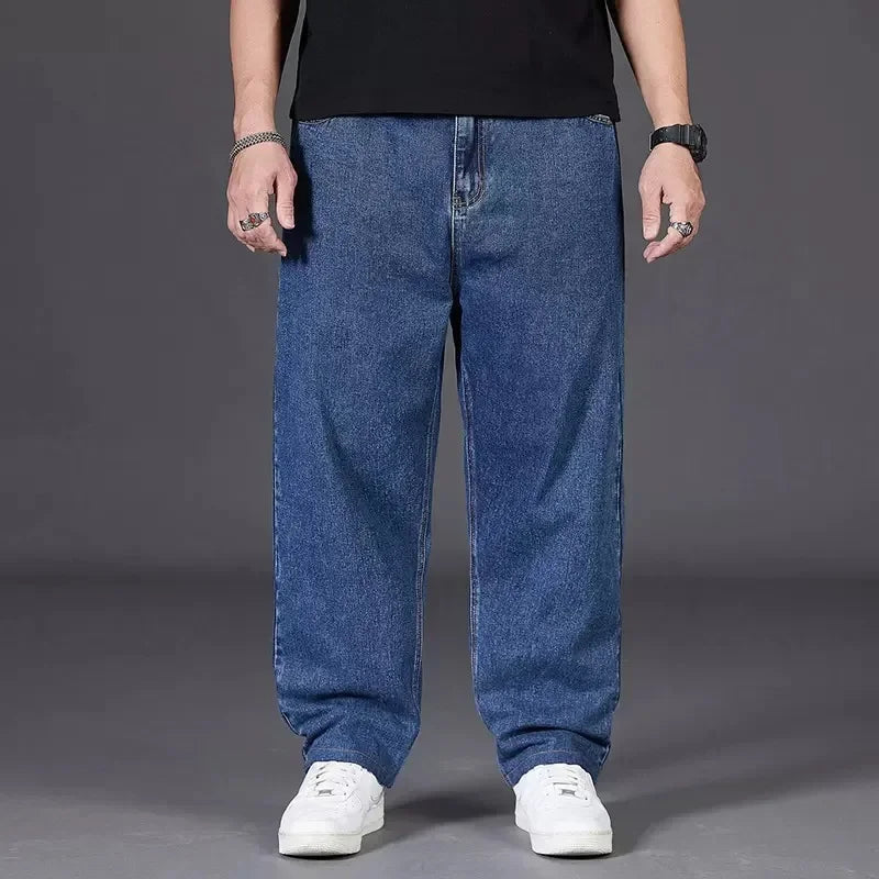 Pantalones vaqueros holgados de talla grande para hombre, de otoño, de corte recto, informales, con cintura elástica y pierna ancha.