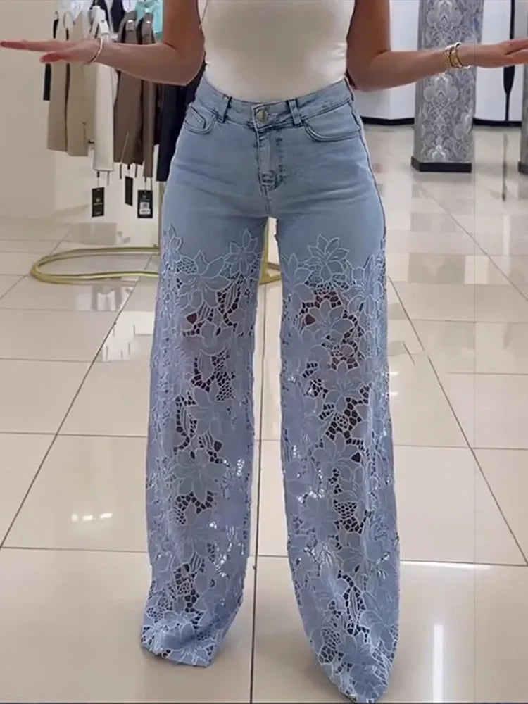 Pantalones vaqueros elásticos de talla grande para mujer con encaje recortado, pantalones anchos de cintura alta, elegantes y chic para verano.