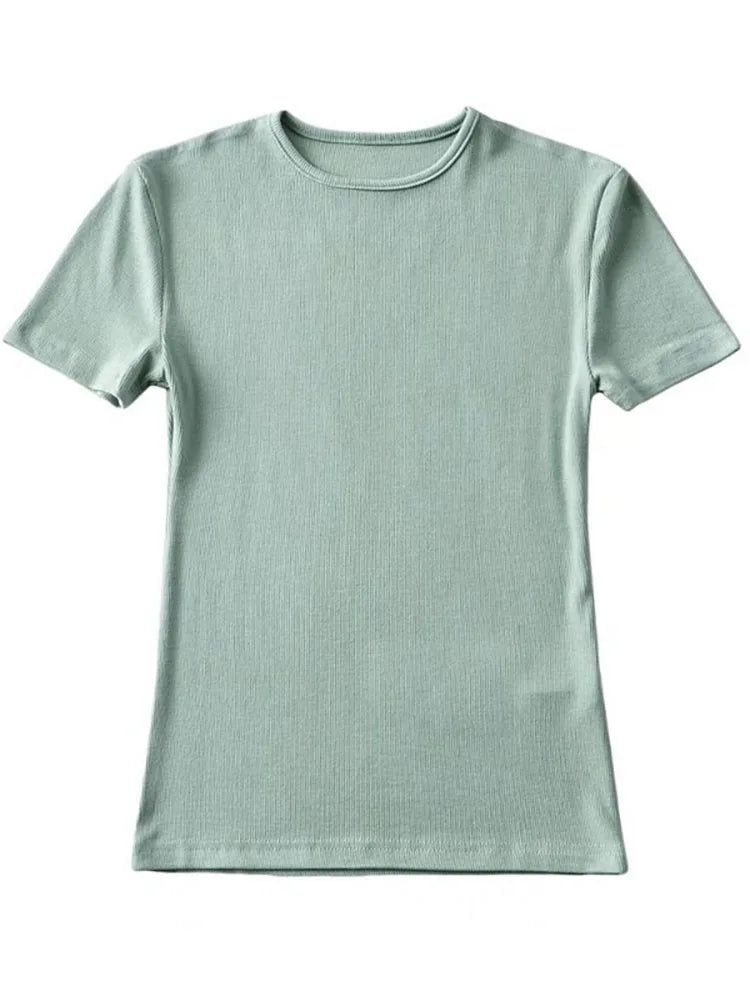 Camiseta informal de verano para mujer, ajustada, de manga corta, con cuello redondo, básica, lisa, corta