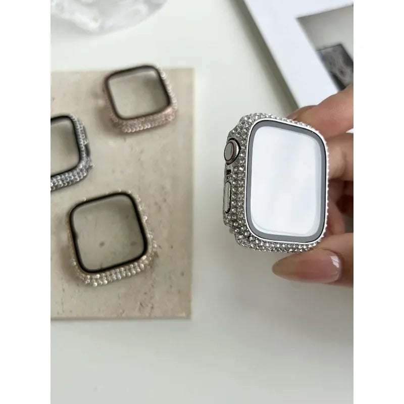 Protector de pantalla de cristal templado con decoración de diamantes de imitación para Apple Watch de 38/40/41/42/44/45/46 mm, serie SE/10/9/8/7/6/5/4/3/2