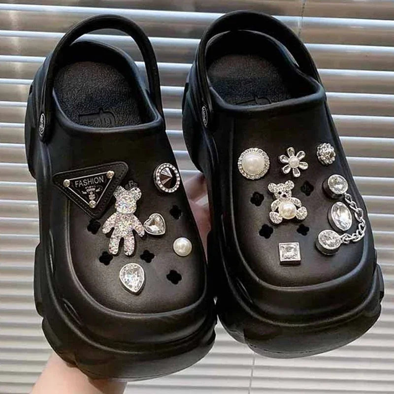 Sandalias de playa para exteriores con plataforma de 7 cm y diseño de oso con perlas brillantes y diamantes, zapatos de verano para niñas y mujeres.