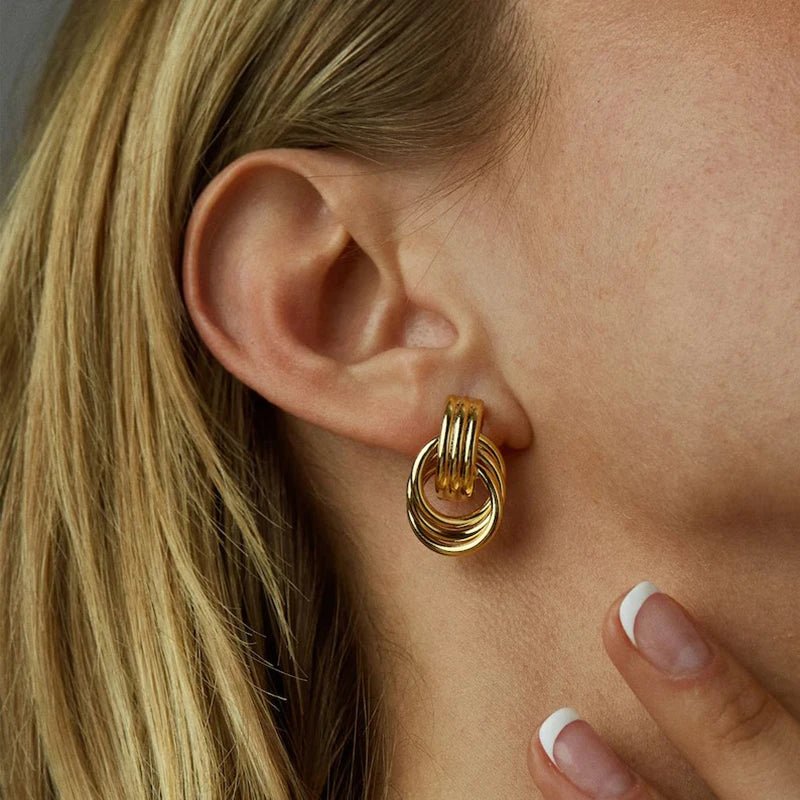 Vintage Texture Gold Plated Stainless Steel Earrings for Women Geometric Circle Twist Statement Earring Fashion Jewelry Bijoux