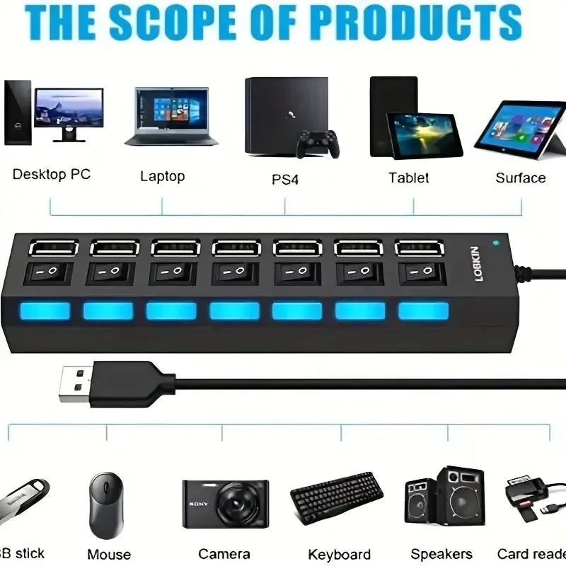 Adaptador HUB USB 2.0 de alta velocidad de 4/7 puertos, expansor, divisor USB múltiple, extensor múltiple con interruptor de lámpara LED para PC y portátil.