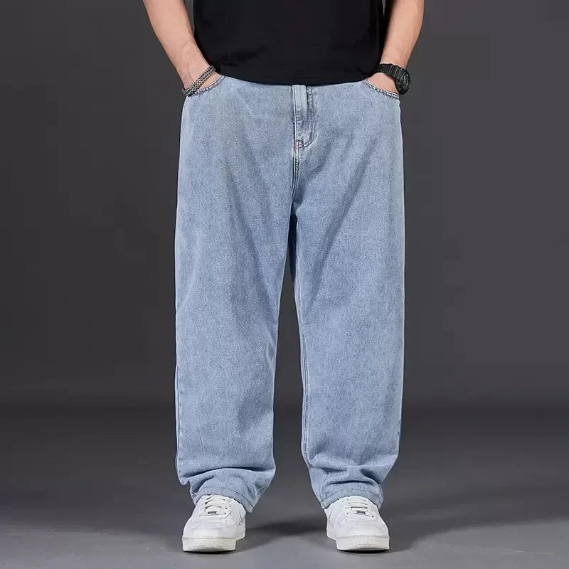 Pantalones vaqueros holgados de talla grande para hombre, de otoño, de corte recto, informales, con cintura elástica y pierna ancha.