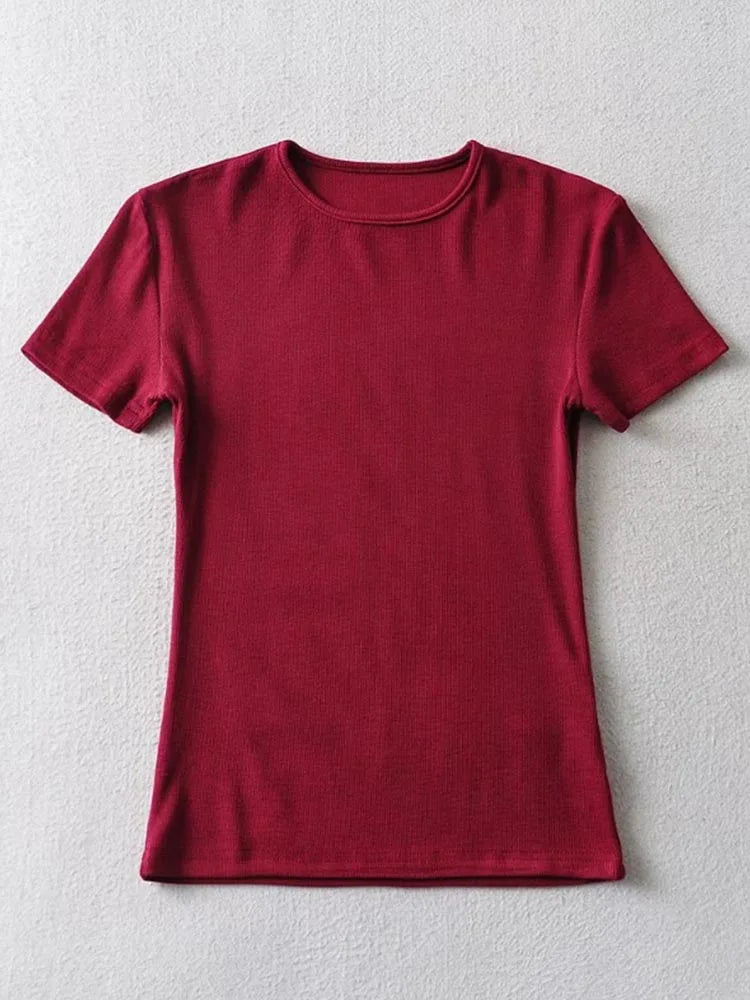 Camiseta informal de verano para mujer, ajustada, de manga corta, con cuello redondo, básica, lisa, corta