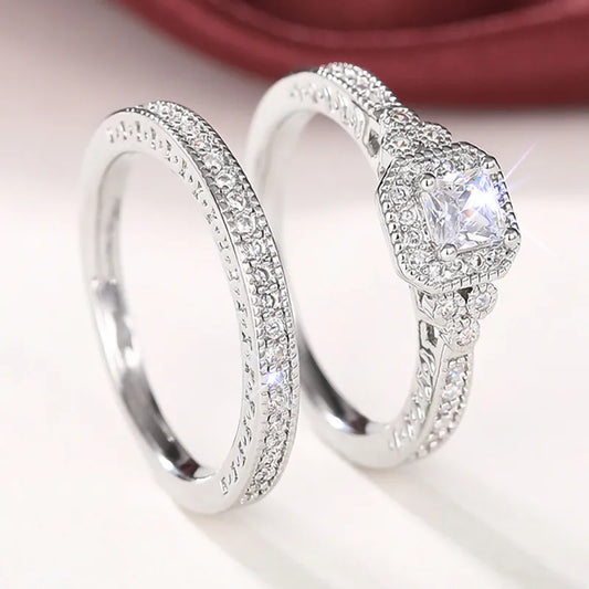 925 Sterling Silver Set Rings for Women 2Pcs Luxury Cubic Zircon Wedding Accessories Temperament Elegant Female Jewelry