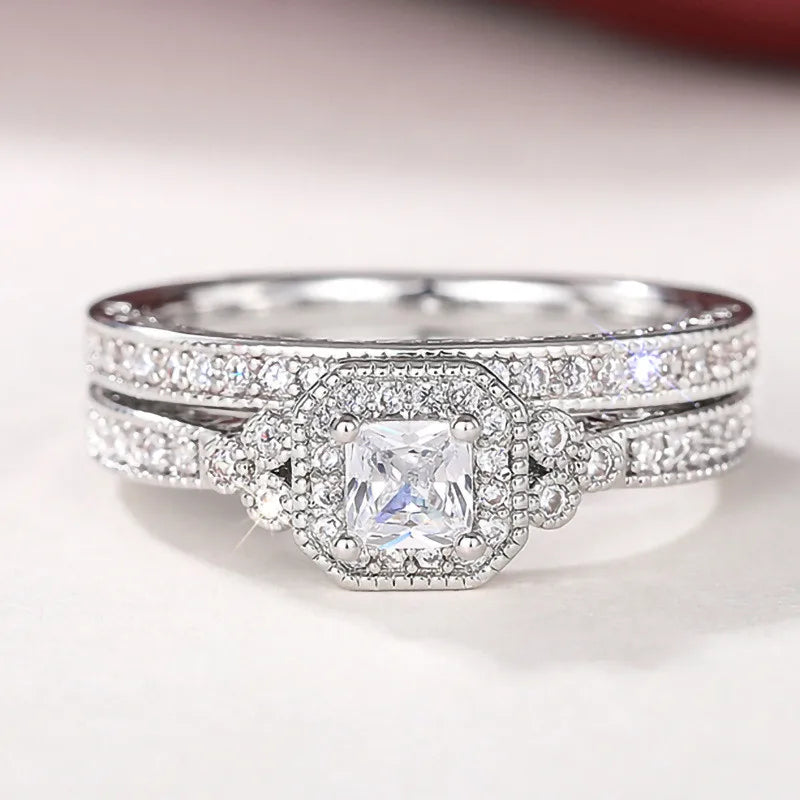 925 Sterling Silver Set Rings for Women 2Pcs Luxury Cubic Zircon Wedding Accessories Temperament Elegant Female Jewelry
