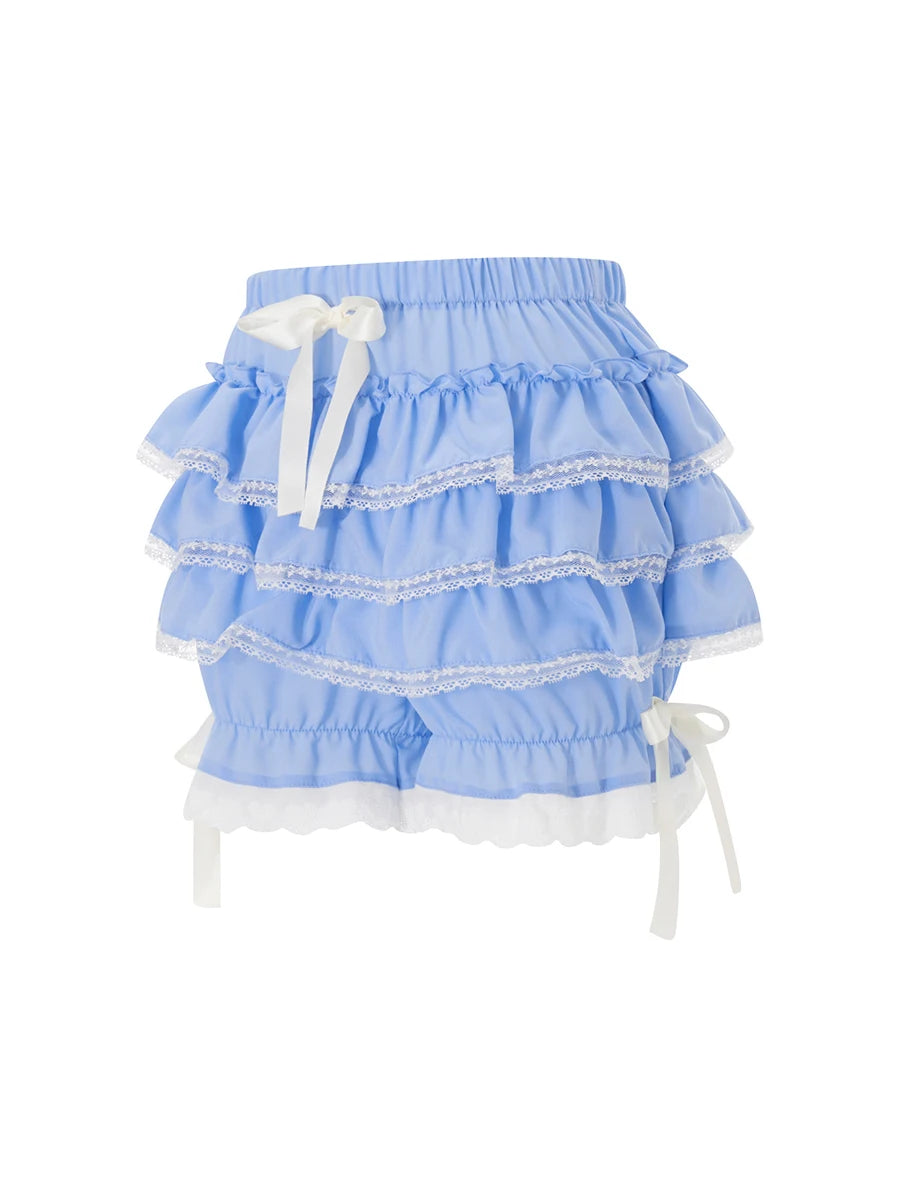 Pantalones cortos de verano con ribete de encaje para mujer, pantalones cortos con volantes escalonados y banda elástica a cuadros, pantalones bombachos casuales góticos kawaii, ropa de calle