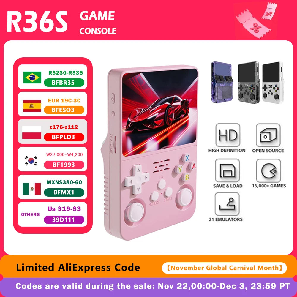 Consola de juegos portátil R36s de código abierto con Linux, pantalla IPS de 3,5 pulgadas, reproductor de vídeo portátil de 128 GB, regalo de Navidad