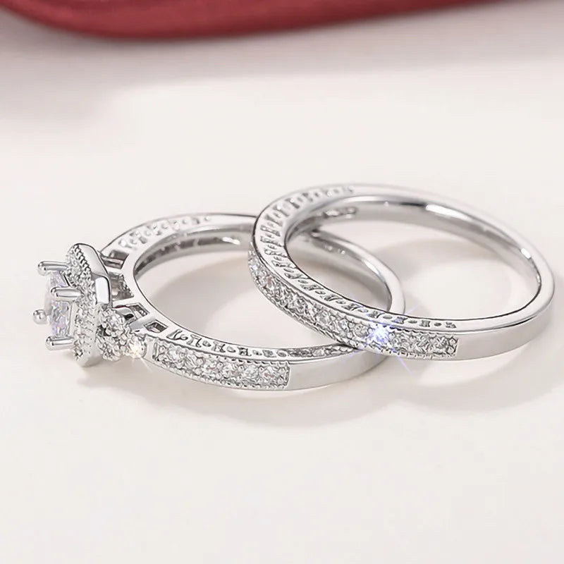 925 Sterling Silver Set Rings for Women 2Pcs Luxury Cubic Zircon Wedding Accessories Temperament Elegant Female Jewelry