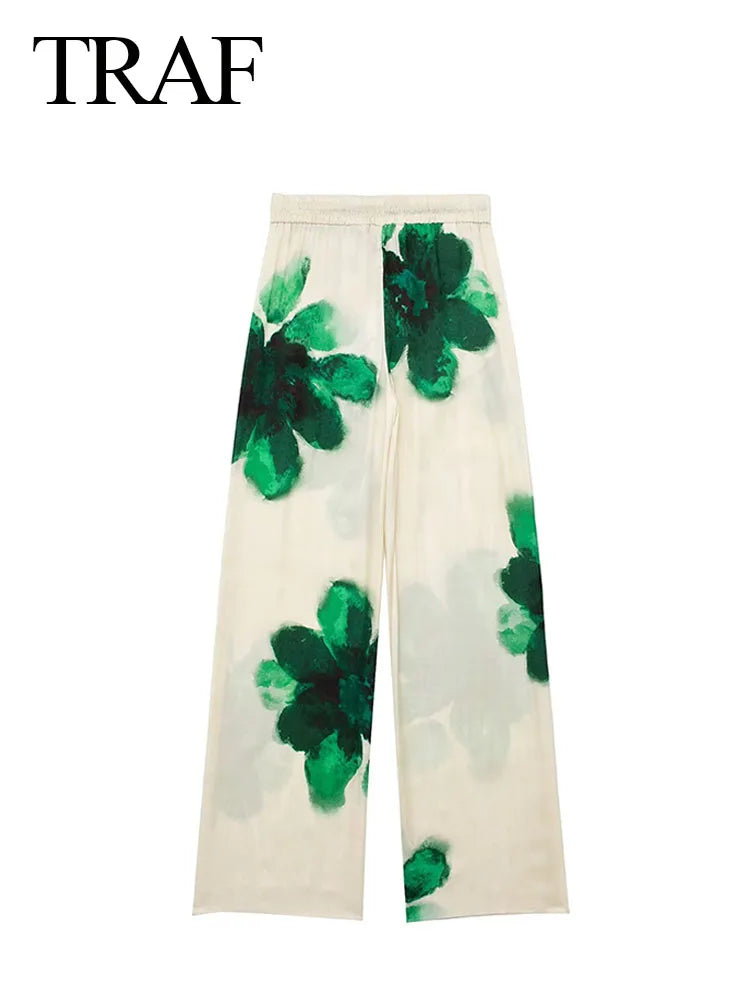 TRAFZA Pantalones largos de primavera para mujer, con estampado de flores verdes, cintura elástica y cordón ajustable, informales, de pierna ancha, estilo playero
