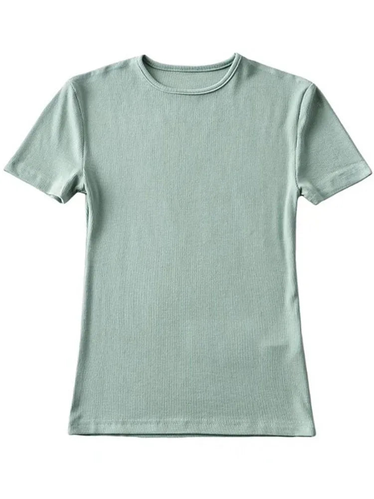 Camiseta informal de verano para mujer, ajustada, de manga corta, con cuello redondo, básica, lisa, corta