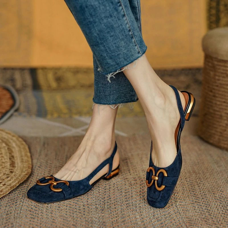 Sandalias retro para mujer, zapatos de tacón bajo a la moda, zapatos de oficina de gamuza con tiras traseras, sandalias planas elegantes de alta calidad para mujer