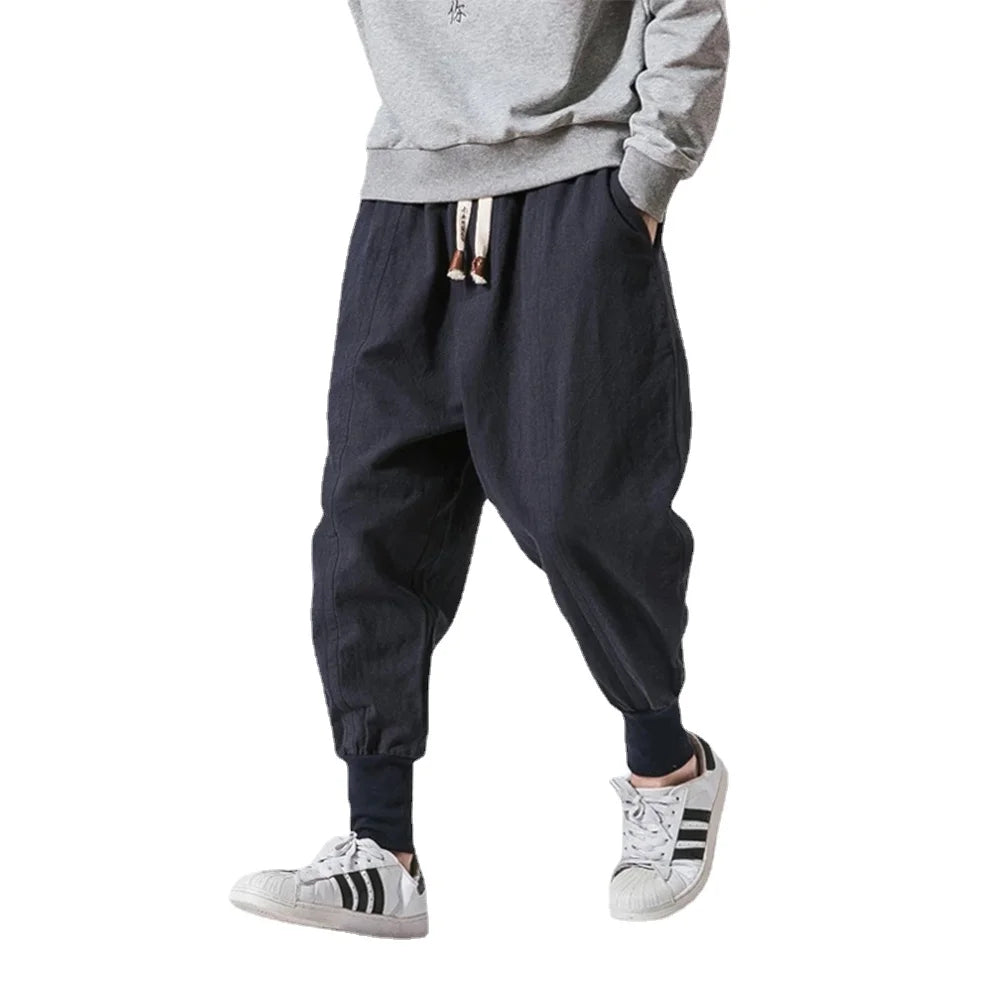 Pantalones harén de lino y algodón para hombre, con cintura elástica lisa, estilo joggers, holgados y con entrepierna baja, informales