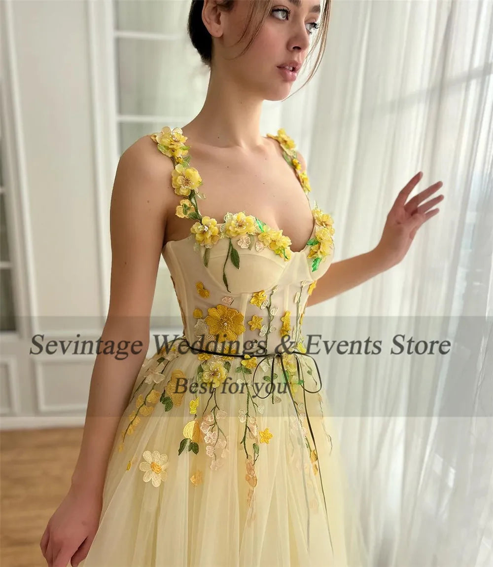 Vestido de fiesta de tul amarillo de hadas personalizado Sevintage, corte A, tirantes finos, escote corazón, flores 3D, vestidos de bienvenida