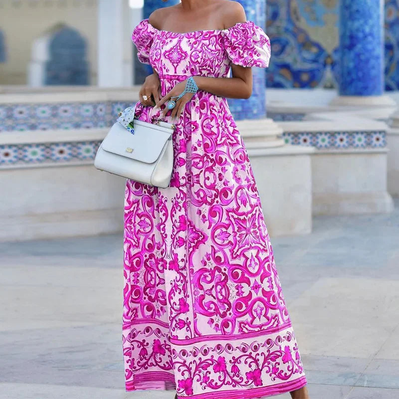 Vestido largo bohemio de verano con estampado de bambú, plisado, sin espalda, con hombros descubiertos y mangas abullonadas para fiesta