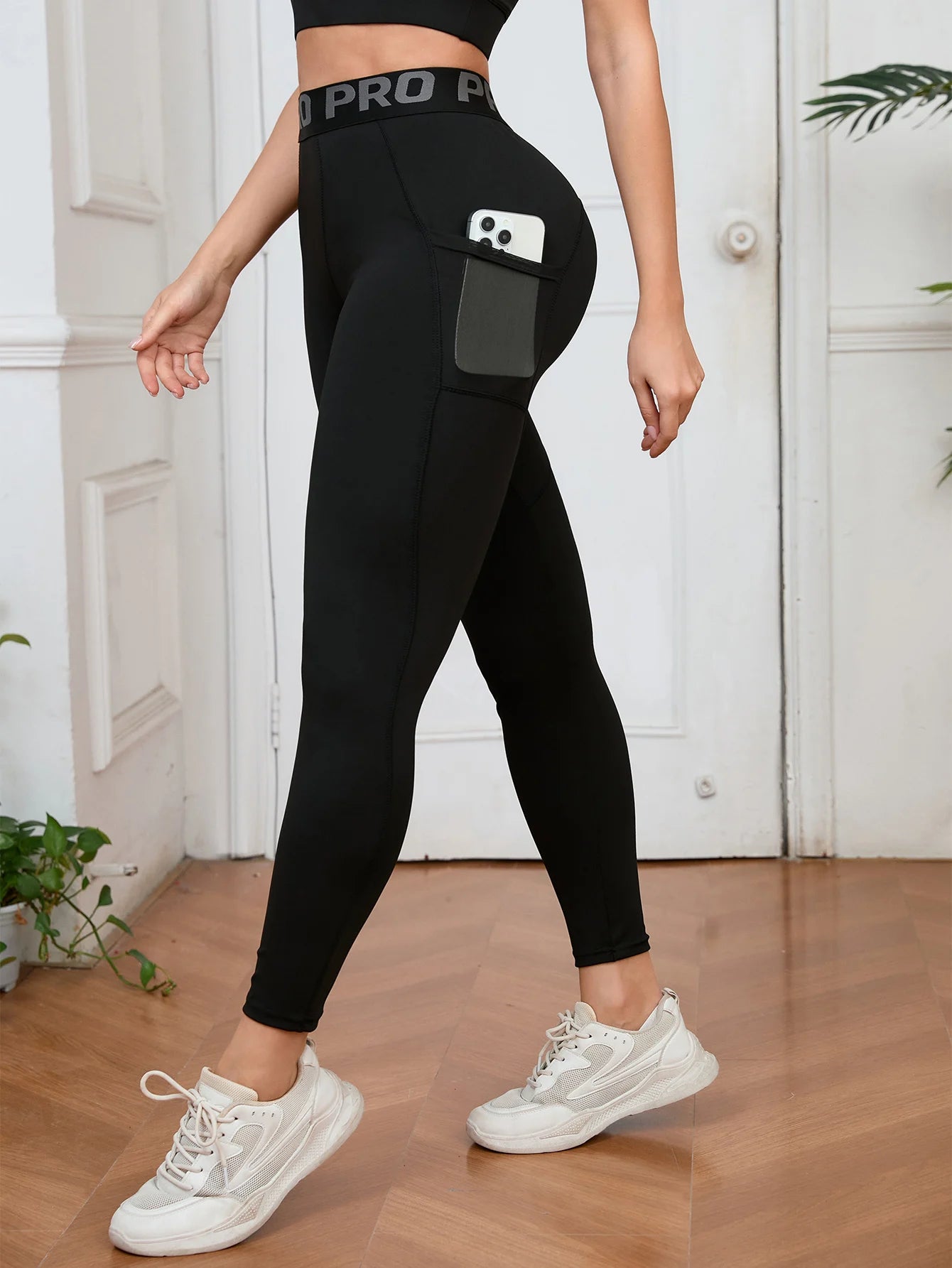 Leggings de yoga de cintura alta para mujer, con estampado de letras, elásticos, para correr, con bolsillos laterales, informales y versátiles.