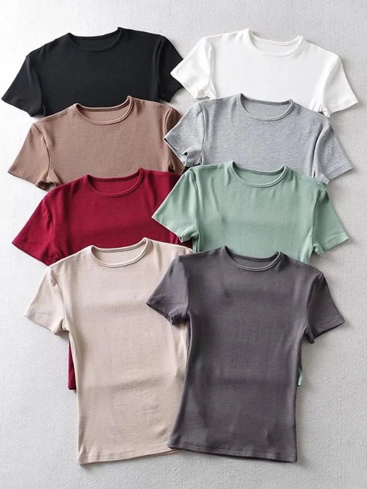 Camiseta informal de verano para mujer, ajustada, de manga corta, con cuello redondo, básica, lisa, corta