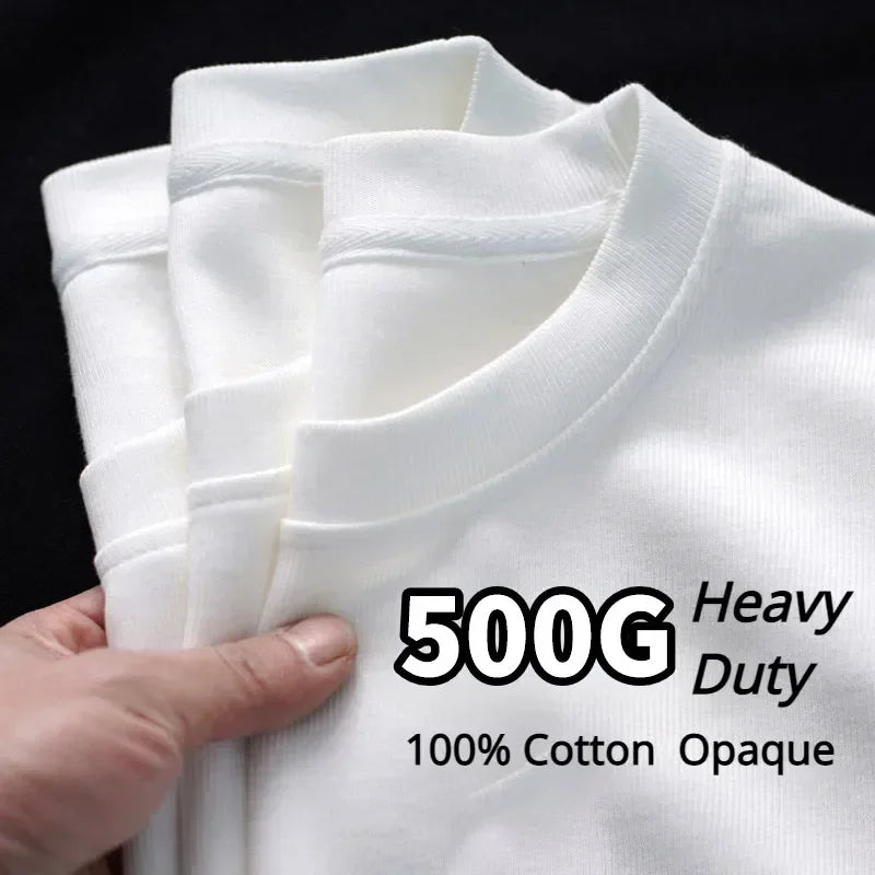 Camiseta de algodón puro resistente, negra y blanca, de 500 g, con cuello redondo, hilo grueso, manga corta y tres agujas.