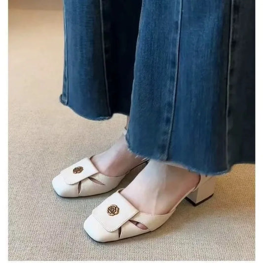 Hollow-out Baotou Sandals with One-word Buckle Belt Commuter Temperament Square-toe Thick Heeled Single-layer Shoes for Women