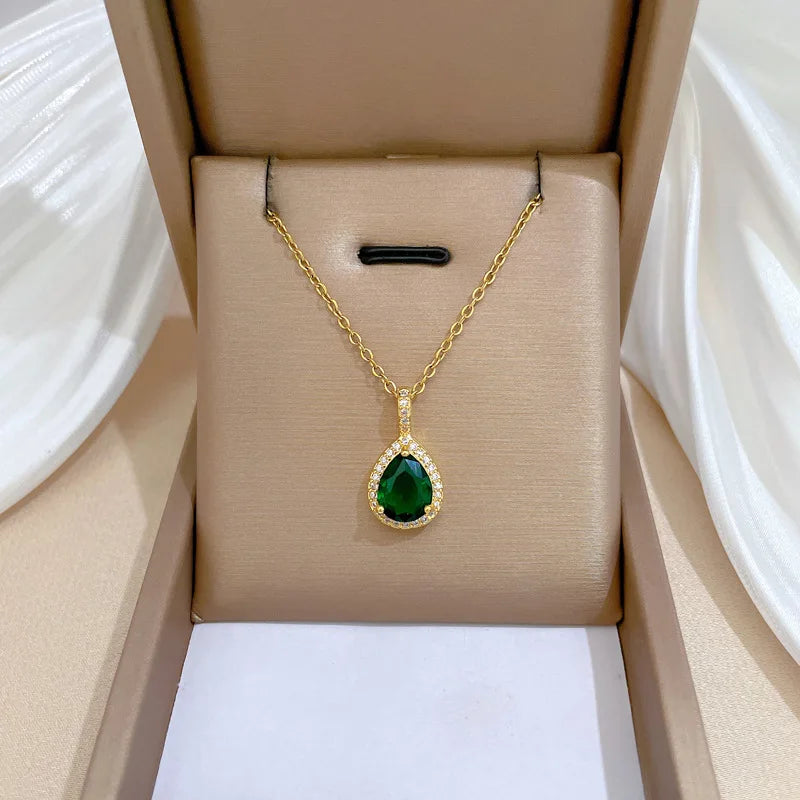 DIEYURO 316L Stainless Steel Steell Green Water Droplet Inlay Zircon Pendant Necklace Earrings Set Girl New Trend Jewelry Gift